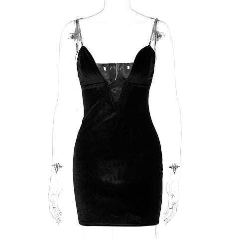Voguable  Velvet Sleeveless Deep V Neck Metal Slip Mini Dress  Evening Party Elegant Streetwear Y2K