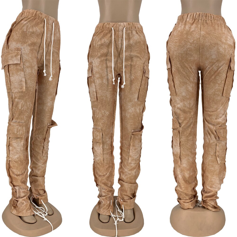 Multi Pocket Drawstring Stacked Sweatpants Street Style Tie Dye Cargo Pants Y2k Clothes Trousers