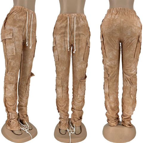 Multi Pocket Drawstring Stacked Sweatpants Street Style Tie Dye Cargo Pants Y2k Clothes Trousers
