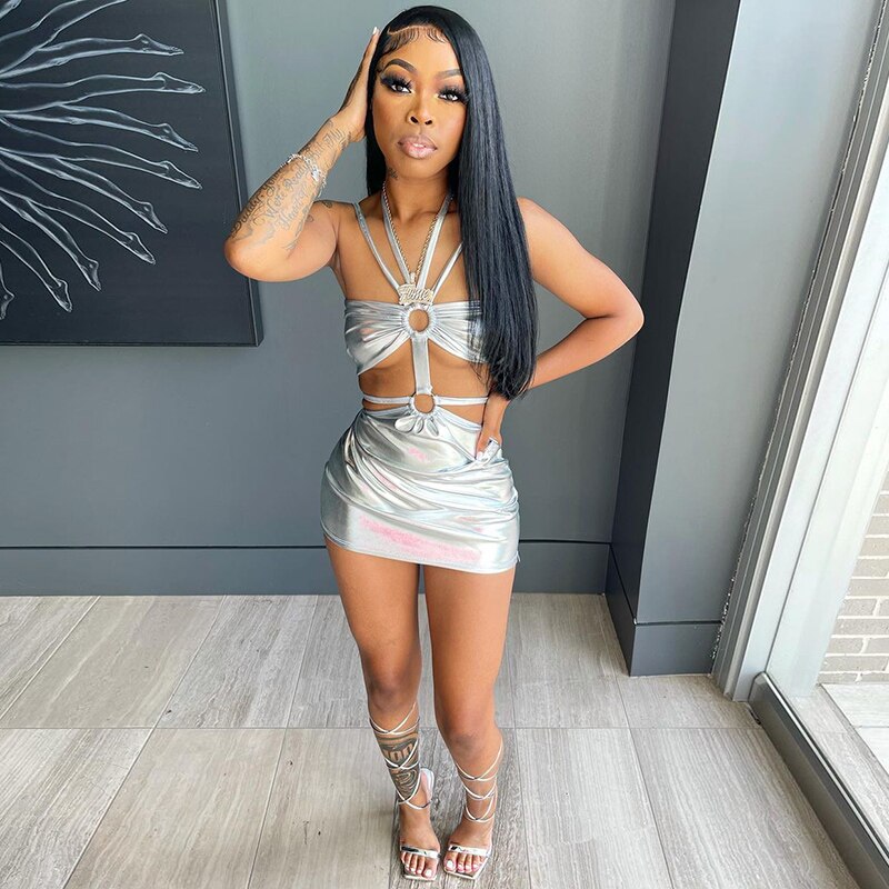 Voguable  Solid Sleeveless Bodycon Halter Hollow Out Mini Dress  Streetwear Outfits Y2K