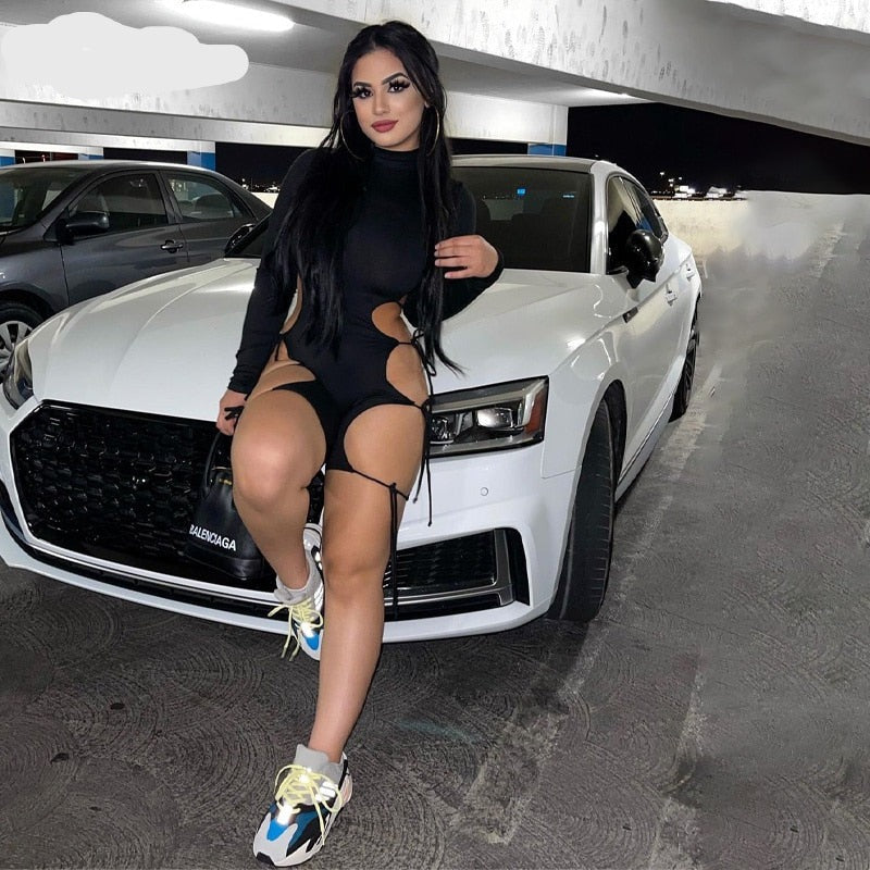 Voguable Solid Long Sleeves O Neck Cut Out Drawstrings Bandage Playsuit  Fall Bodycon Party Club Elegant Y2K