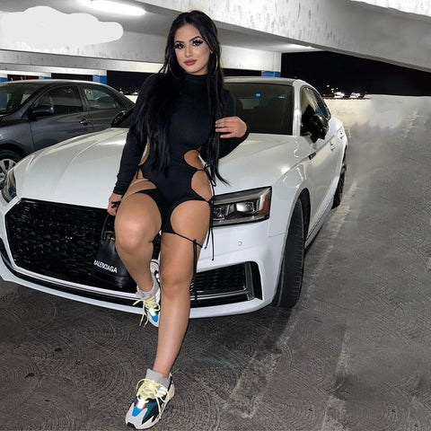 Voguable Solid Long Sleeves O Neck Cut Out Drawstrings Bandage Playsuit  Fall Bodycon Party Club Elegant Y2K