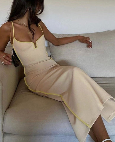 Bright Line Decoration Slip Backless U Neck Skinny Maxi Dress Bodycon Y2K Streetwear Outfits