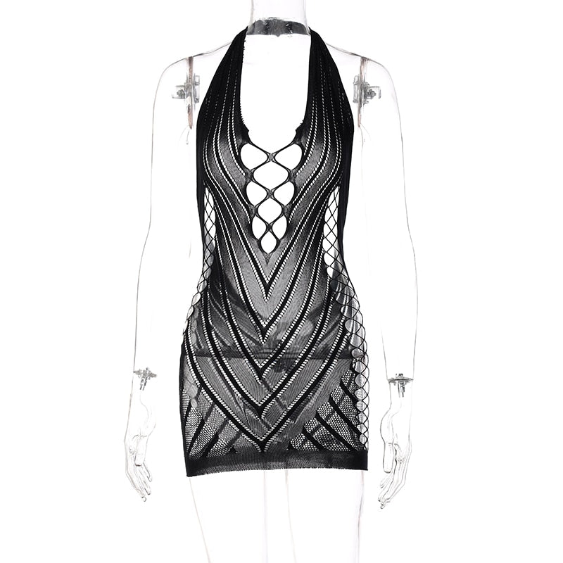Voguable outfits Solid Halter Sleeveless Backless Mesh Hollow Out Mini Dress Fall Bodycon Party Club Elegant Y2K