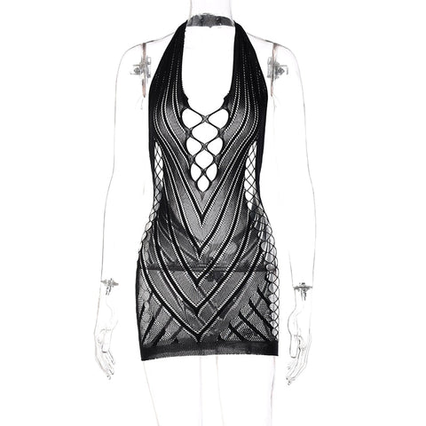 Voguable outfits Solid Halter Sleeveless Backless Mesh Hollow Out Mini Dress Fall Bodycon Party Club Elegant Y2K