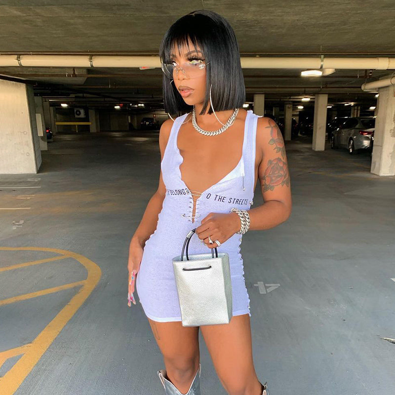 Voguable Sleeveless  Mini Dress Patchwork  With Corset Patchwork Zipper Bodycon Streetwear Casual Y2K