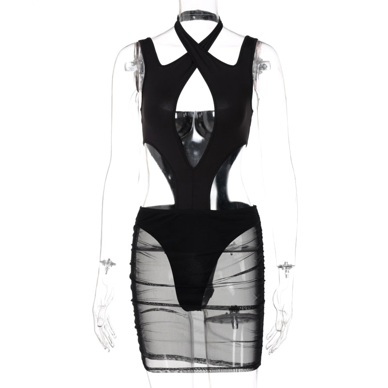 Voguable   Short Sleeve Halter Hollow Out Hole Backless Bodycon Dress Streetwear Y2K Party Casual Club