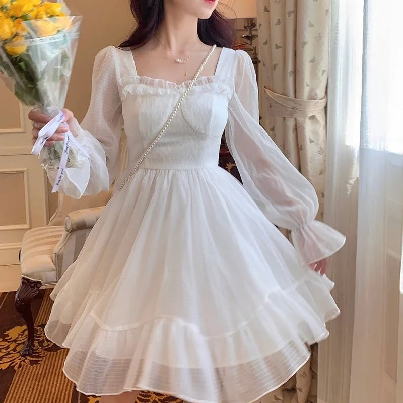 Voguable French Sweet Fairy Lolita Dress Long Sleeve Lace Y2K Mini Dress Vintage Kawaii Clothes One Piece Dress