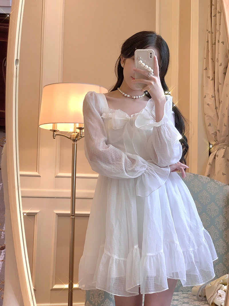 French Sweet Fairy Lolita Dress Long Sleeve Lace Y2k Mini Dress Vintage Kawaii Clothes One Piece Dress Korean spring