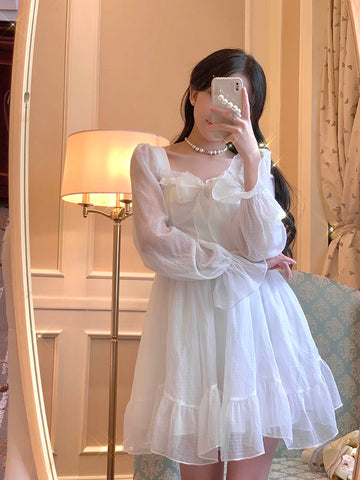 French Sweet Fairy Lolita Dress Long Sleeve Lace Y2k Mini Dress Vintage Kawaii Clothes One Piece Dress Korean spring