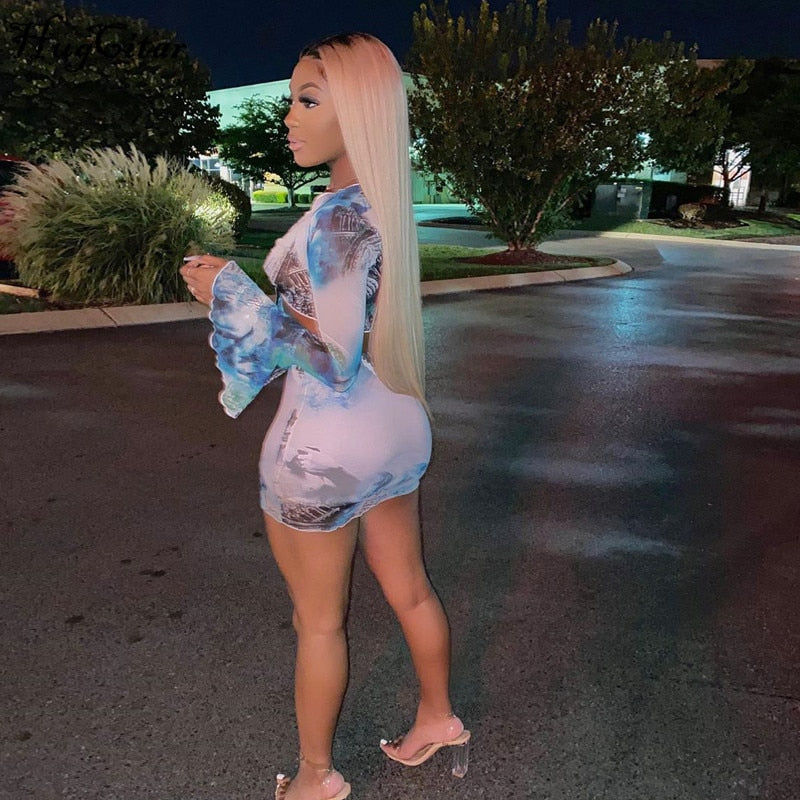 Voguable Flare Sleeve Wrapped Bandage Crop Top Skirt 2 Piece Set Winter Streetwear Y2K Print Tracksuit