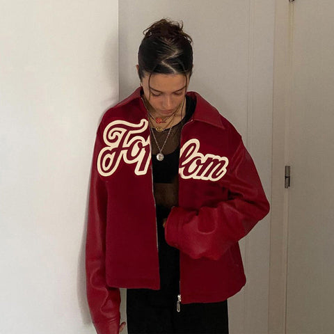 Voguable Pu Leather Letter Print Zipper Long Sleeve Loose Patchwork Jacket Winter Streetwear Outfits Y2K