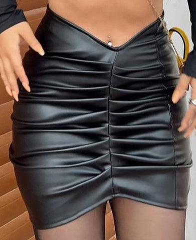 Voguable  Pu Leather High Waist Folds Zipper Mini Skirt  Elegant Streetwear Party Clothings Y2K