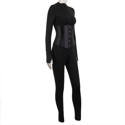 Voguable  Long Sleeve Jumpsuit Bandage Corset 2 Pieces Set Winter  Zipper Suit Romper Y2K Streetwear