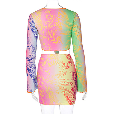 Voguable Flare Sleeve Wrapped Bandage Crop Top Skirt 2 Piece Set Winter Streetwear Y2K Print Tracksuit