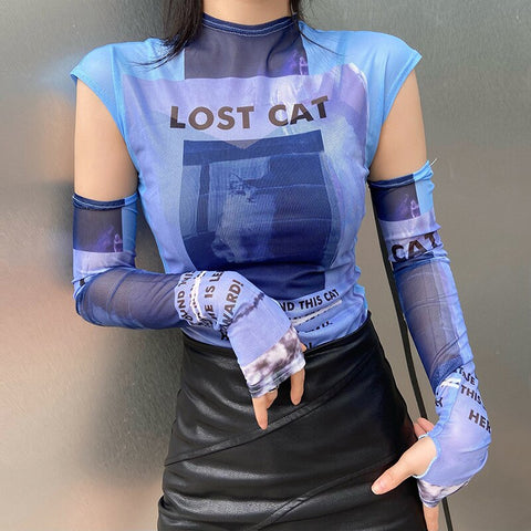 Y2K Slim Bodycon Tops Printing T-Shirt Long Oversleeve Party Club Outfit Casual Streetwear
