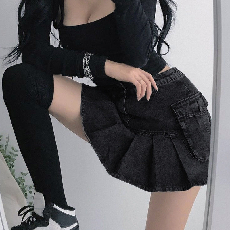 Voguable Harajuku Y2k Denim Skirt Dark Gothic Streetwear Mini Skirt with Skull Belt Mall Goth Punk Grunge Emo Clubwear