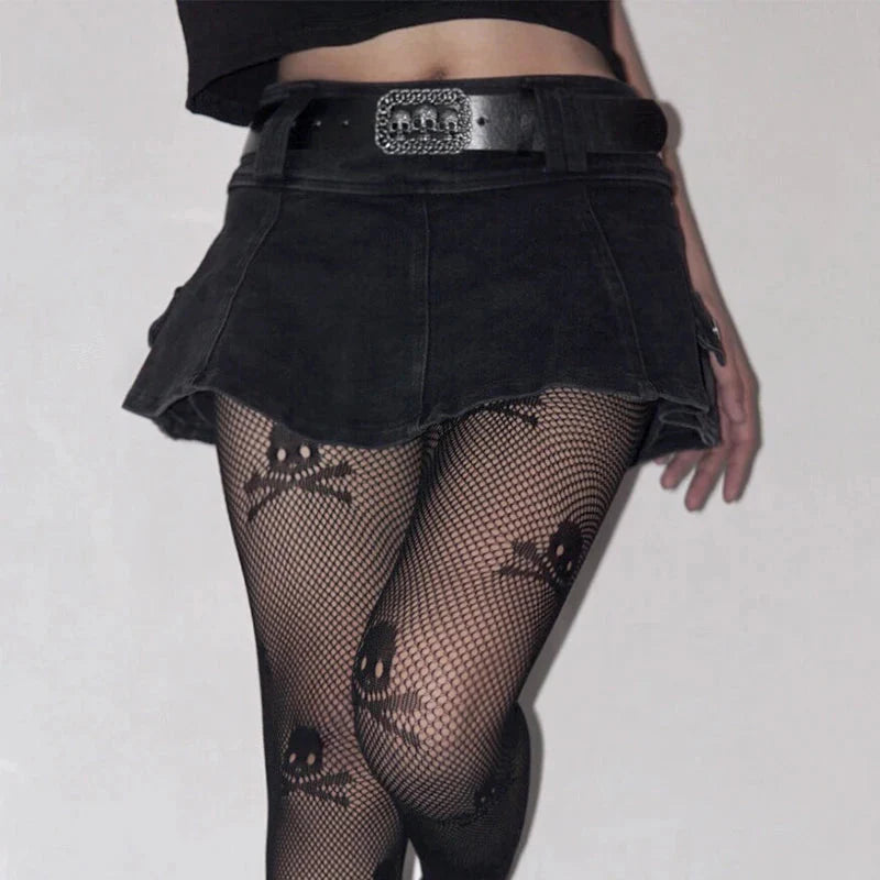 Harajuku Y2k Denim Skirt Dark Gothic Streetwear Mini Skirt with Skull Belt Mall Goth Punk Grunge Emo Clubwear