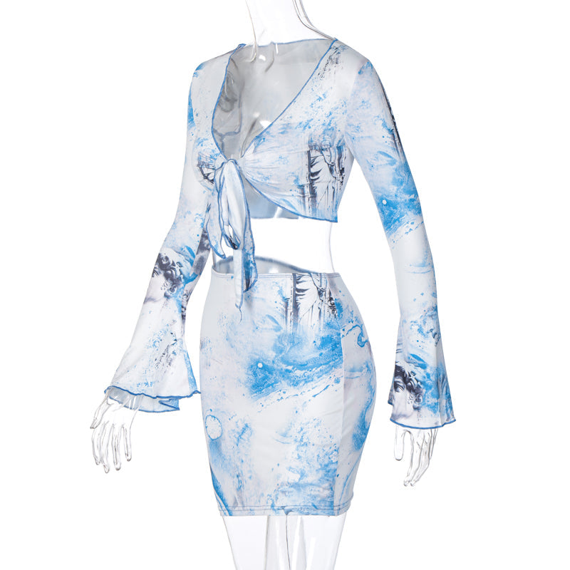 Voguable Flare Sleeve Wrapped Bandage Crop Top Skirt 2 Piece Set Winter Streetwear Y2K Print Tracksuit