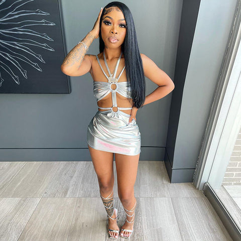 Voguable  Solid Sleeveless Bodycon Halter Hollow Out Mini Dress  Streetwear Outfits Y2K