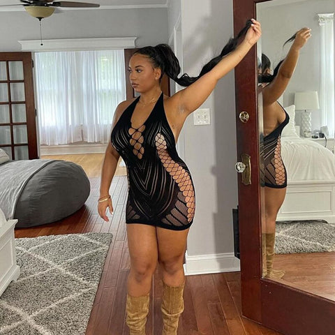 Voguable outfits Solid Halter Sleeveless Backless Mesh Hollow Out Mini Dress Fall Bodycon Party Club Elegant Y2K