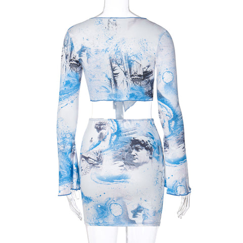 Voguable Flare Sleeve Wrapped Bandage Crop Top Skirt 2 Piece Set Winter Streetwear Y2K Print Tracksuit
