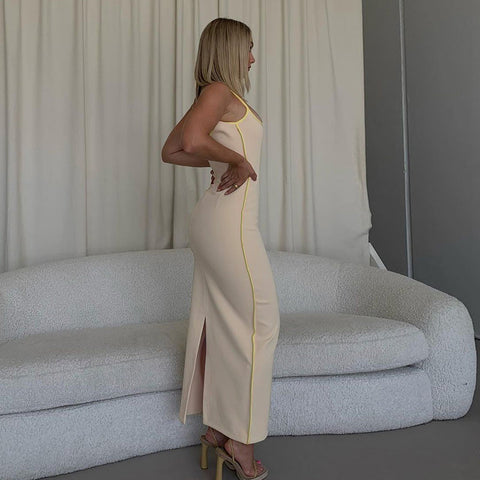 Bright Line Decoration Slip Backless U Neck Skinny Maxi Dress Bodycon Y2K Streetwear Outfits