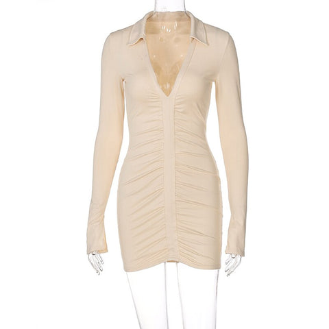 Voguable Solid Pleated Polo Neck Long Sleeves Mini Dress Streetwear Y2K Elegant Wear