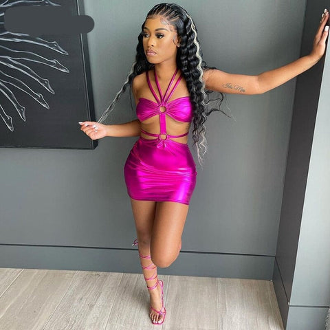 Voguable  Solid Sleeveless Bodycon Halter Hollow Out Mini Dress  Streetwear Outfits Y2K