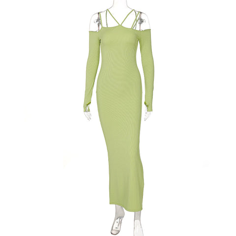 Voguable Fall Solid Slip Slash Neck Long Sleeves Cut Out Maxi Dress Slim Y2K Streetwear Robe