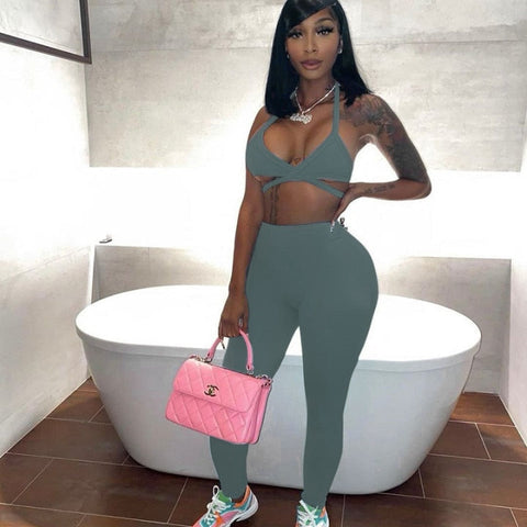 Voguable  Sleeveless Halter Solid Bandage Bra Pants 2 Pieces Set Streetwear Y2K Club Outfits Bikini