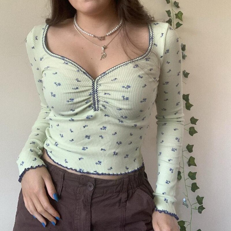 Voguable  y2k Floral Print T-shirt Sweet Girl Square Collar Frill Full Sleeve Crop Top Aesthetic Fairy Grunge Vintage Pullovers Tees
