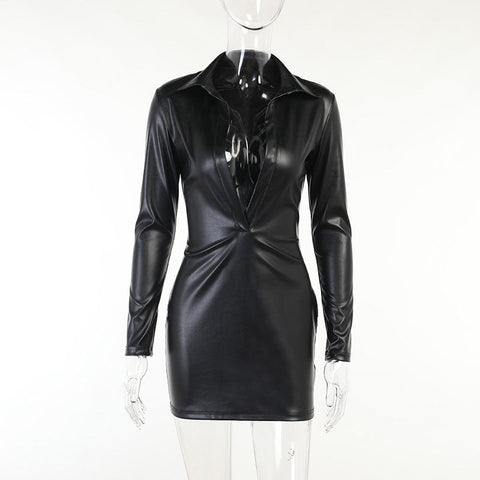 Voguable  Pu Leather Deep V Neck Long Sleeve Loose Mini Dress Winter Casual Streetwear Outfits Club Y2K
