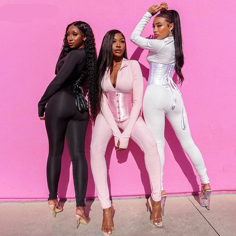 Voguable  Long Sleeve Jumpsuit Bandage Corset 2 Pieces Set Winter  Zipper Suit Romper Y2K Streetwear