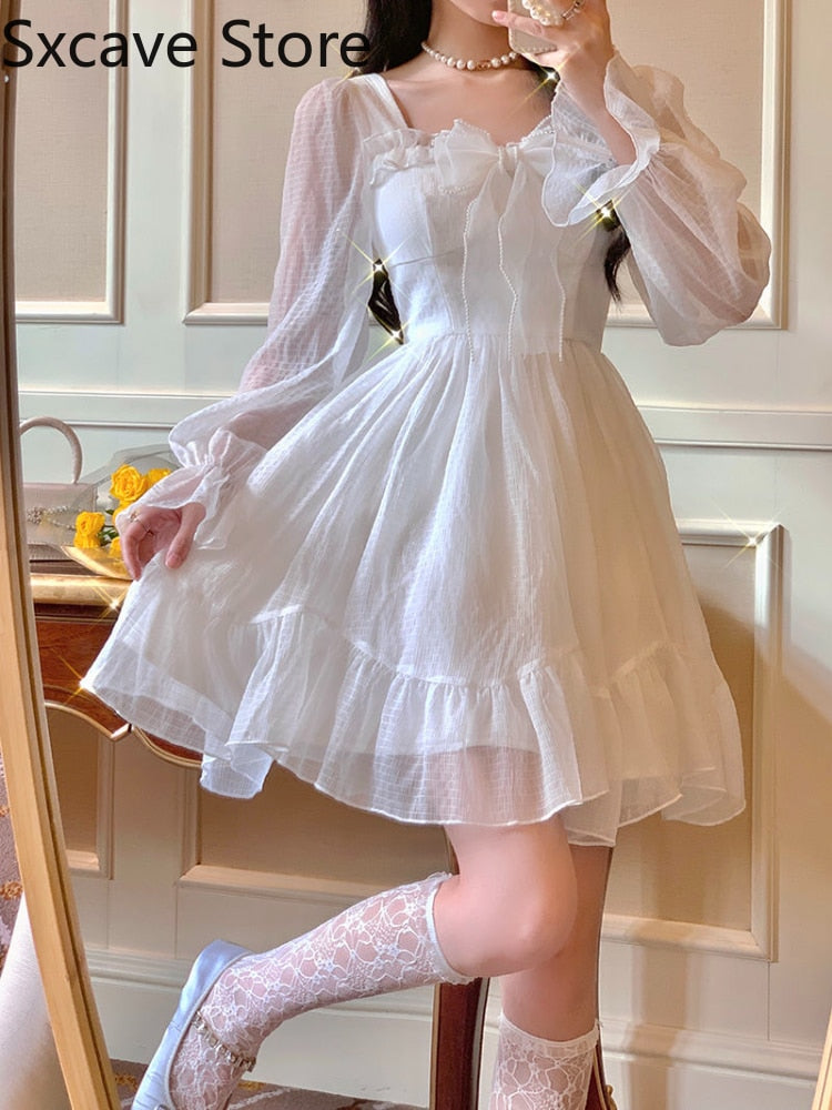 French Sweet Fairy Lolita Dress Long Sleeve Lace Y2k Mini Dress Vintage Kawaii Clothes One Piece Dress Korean spring