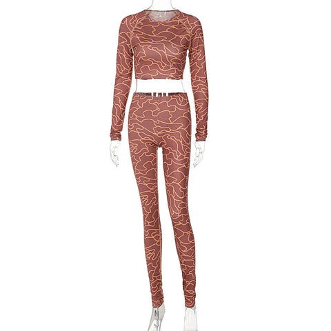 Voguable Print Long Sleeves Slim Navel Top Leggings Set Bodycon Party Elegant Club Y2K Robe Beach