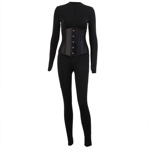 Voguable  Long Sleeve Jumpsuit Bandage Corset 2 Pieces Set Winter  Zipper Suit Romper Y2K Streetwear