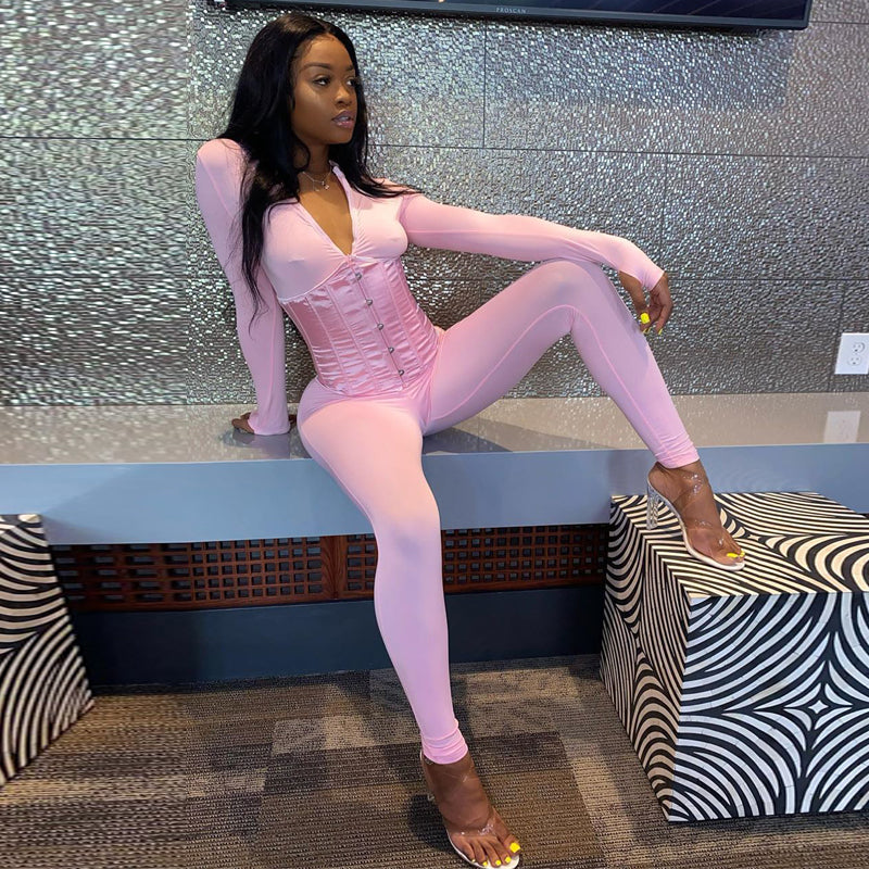 Voguable  Long Sleeve Jumpsuit Bandage Corset 2 Pieces Set Winter  Zipper Suit Romper Y2K Streetwear