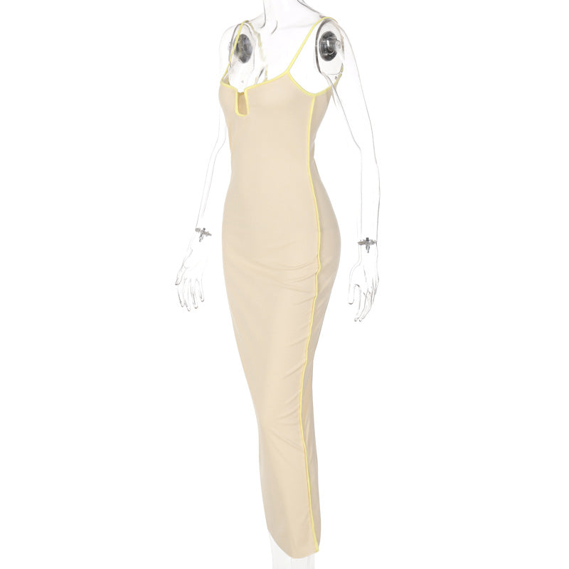 Bright Line Decoration Slip Backless U Neck Skinny Maxi Dress Bodycon Y2K Streetwear Outfits