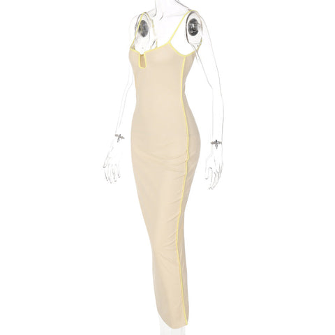 Bright Line Decoration Slip Backless U Neck Skinny Maxi Dress Bodycon Y2K Streetwear Outfits