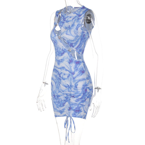 Voguable  Bandage Drawstrings Sleeveless Hollow Out Ruched Solid Bodycon Mini Dress  Streetwear Y2K Party Club