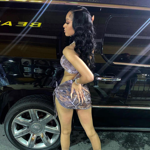 Voguable  Vintage Print Sleeveless Bandage Crop Top Skirt 2 Pieces Set Streetwear Y2K Tracksuit