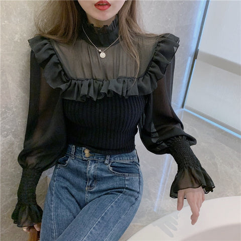 Ruffle High Neck Mixed Shirt