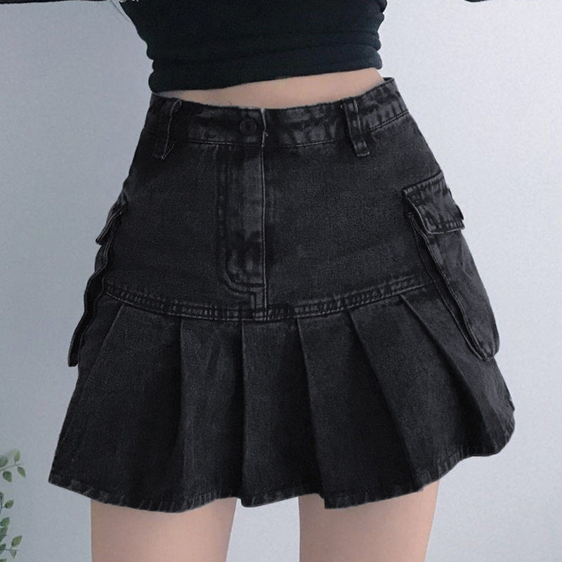Voguable Harajuku Y2k Denim Skirt Dark Gothic Streetwear Mini Skirt with Skull Belt Mall Goth Punk Grunge Emo Clubwear