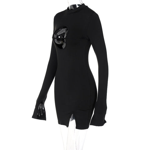 Voguable Long Flare Sleeve O Neck Bodycon Hollow Out Mini Dress Winter Outfit Y2K Slim Streetwear