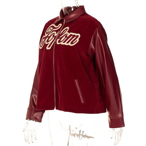 Voguable Pu Leather Letter Print Zipper Long Sleeve Loose Patchwork Jacket Winter Streetwear Outfits Y2K