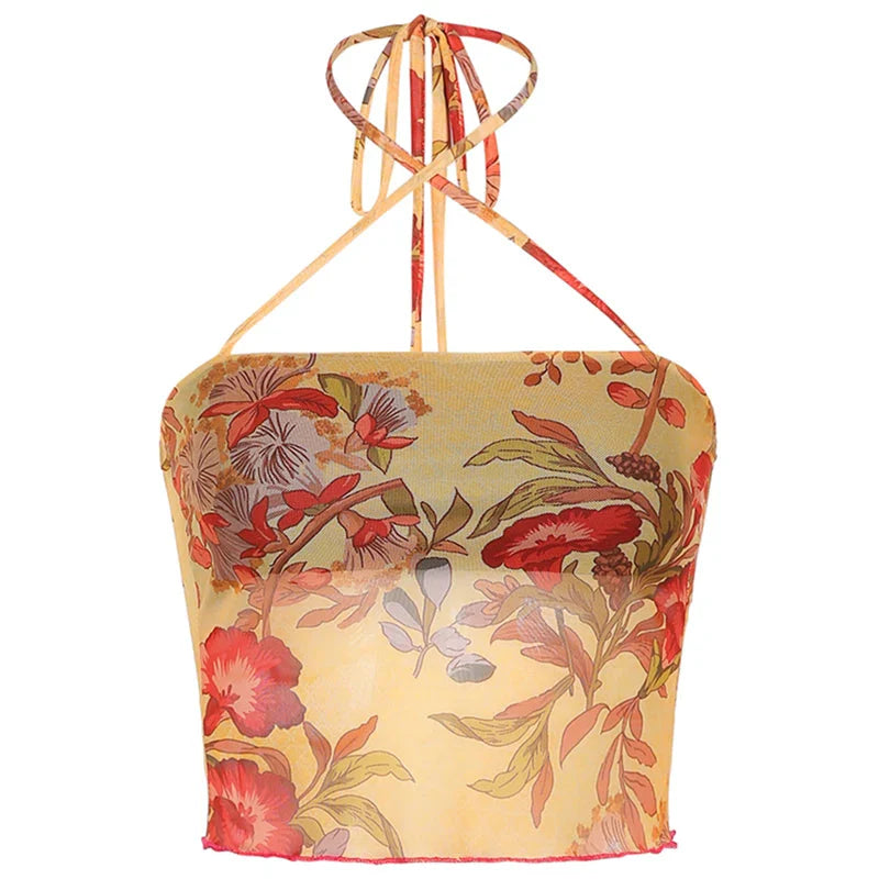 y2k Tops for Sheer Floral Print Slim Fit Spaghetti Strap Sleeveless Mesh Halter Vest 2000s Clothes Streetwear