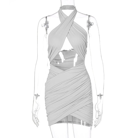 Voguable   Halter Hollow Out Mini Dress Streetwear Outfits Solid Club Y2K Clothing