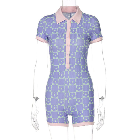 Voguable  Long Sleeves Regular Print Polo-Neck Single Breasted Playsuit Preppy Style Outfits Y2K
