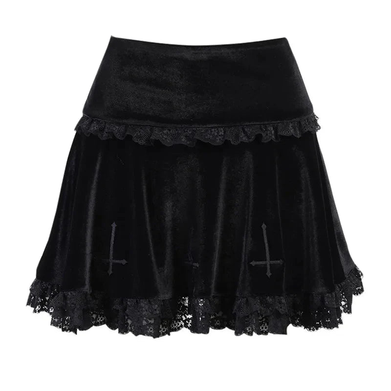 Punk Gothic Skirt 2000s Black Dark Academia Cross Print High Waist Pleated A-line Skirt y2k Vintage Lace Skirts